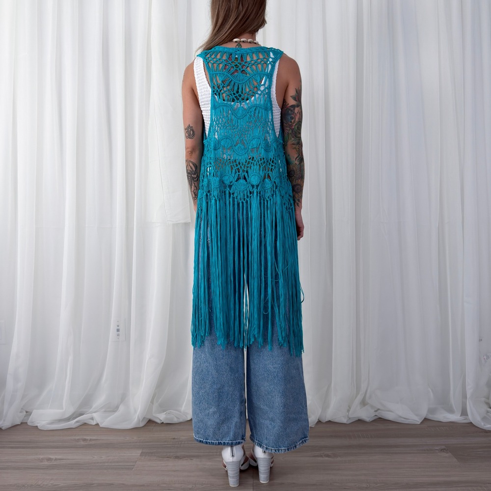 Pink Cattlelac Blue Crochet Fringe Festival Vest One Size Boho - Picture 4 of 8